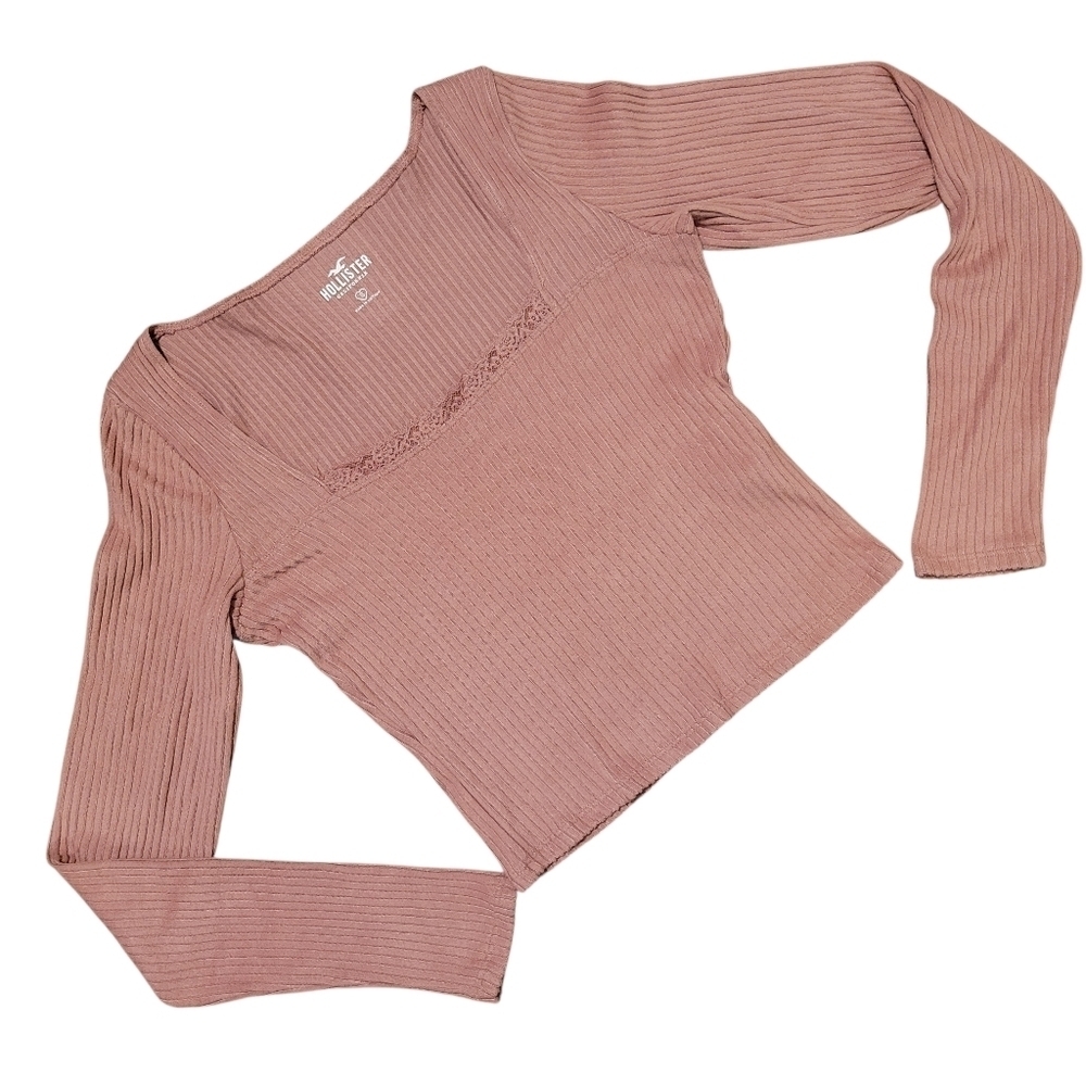 Hollister Soft Pink Lace Trim Square Neck Ribbed Long Sleeve Top